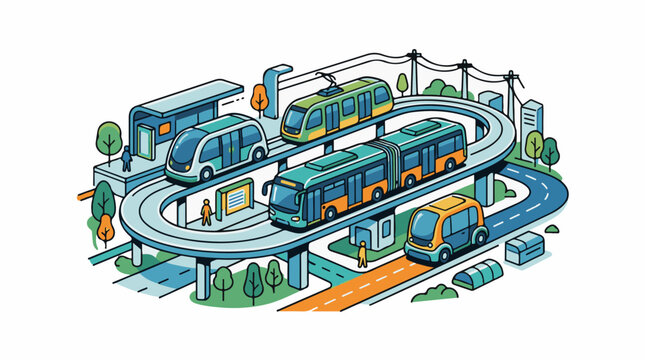 A futuristic transportation system with elevated tracks and vehicles