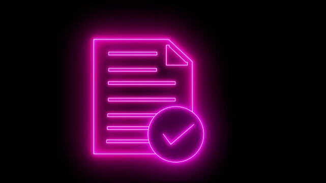 Neon checklist document icon. Check mark icon with text document icon. checklist and clipboard task documentation management with success, approved, right, tick mark icon. 4k