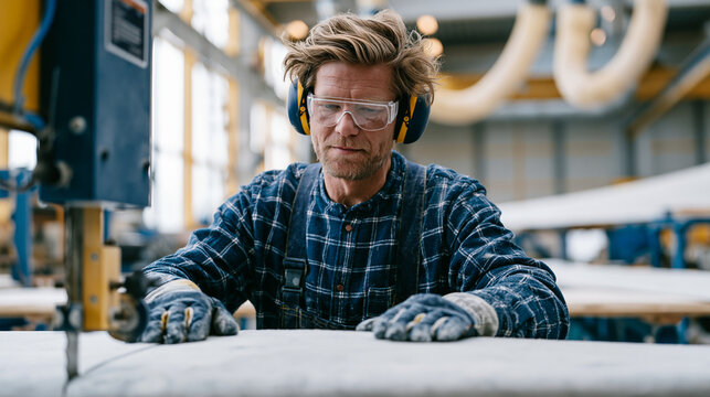 Wind turbine end-of-life blade recycling facility worker operating a horizontal band saw cutting machine sectioning a decommissioned blade, safety goggles and ear protection in