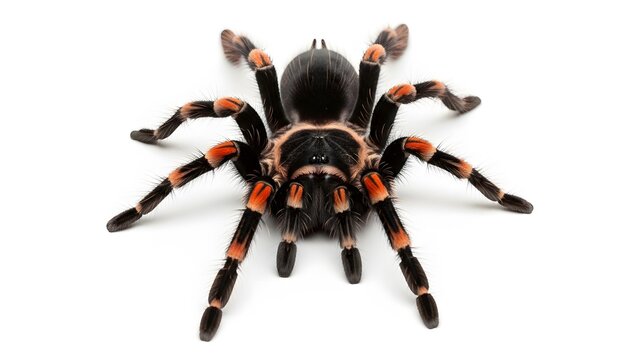 A Brachypelma hamorii tarantula spider with orange leg bands on a white background