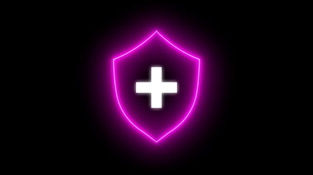 Glowing neon line shield with plus icon animation representing healthcare protection. Medical shield with a plus sign icon, red shield with a central plus sign, representing vital status