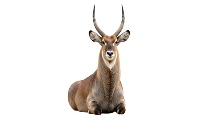 Fototapeta premium A brown waterbuck antelope with long, curved horns resting on a white background in a seated