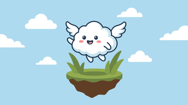 Cartoon winged cloud character flying above a green floating island