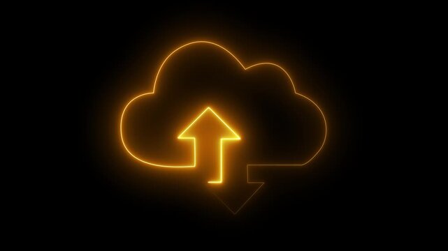 Glowing neon cloud storage with up and down arrows, looped animation. Cloud space and technology, data backup icon. Upload and download concept. cloud computing upload icon