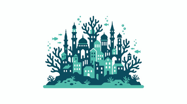 Underwater city with coral reefs and marine life.