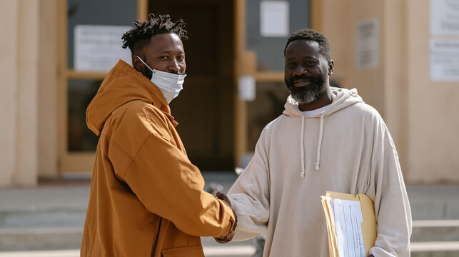 Prison reentry program coordinator shaking hands with a recently released man outside a transitional housing facility entrance, manila folder of documentation tucked under the