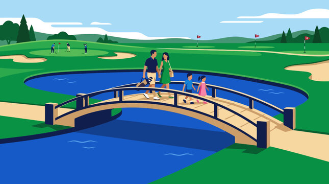 Golfers playing on a green with water hazard and bridge illustration