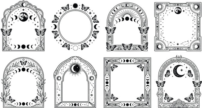 Mystical celestial frames with moon phases and butterflies, 8 black and white occult borders, esoteric astrological vector set for tarot and stationery