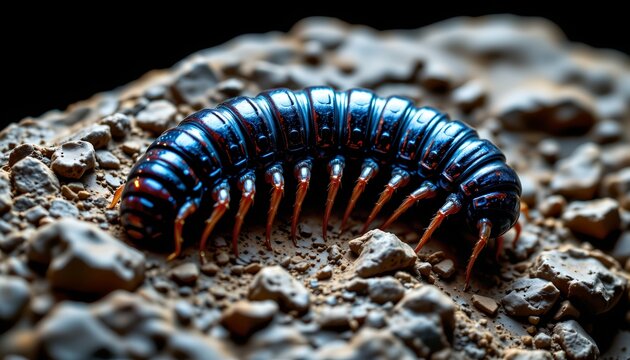 The image features a large, vividly colored millipede with a segmented, glossy body displaying black and bright blue hues. It is situated on a rough, pebbly surface composed of small rocks and dirt