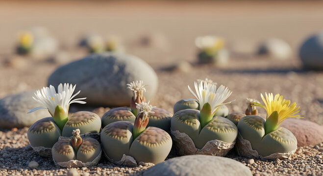 Small living stone plants blooming with white flowers