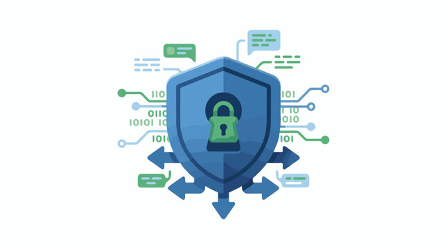 A blue shield with a green padlock surrounded by digital circuits and data flow