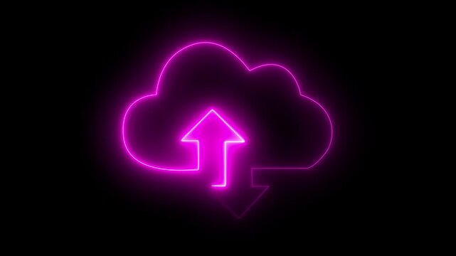 Glowing neon cloud storage with up and down arrows, looped animation. Cloud space and technology, data backup icon. Upload and download concept. cloud computing upload icon