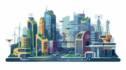 Fototapeta premium A futuristic cityscape with sleek skyscrapers flying drones and wind turbines