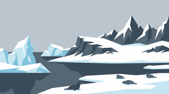 Vector illustration of icy icebergs floating in dark arctic ocean water