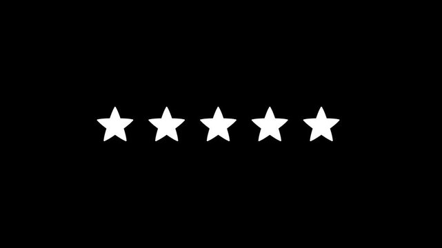 Five white stars arranged in a horizontal row with the final star on the right side glowing and radiating light on a solid black background