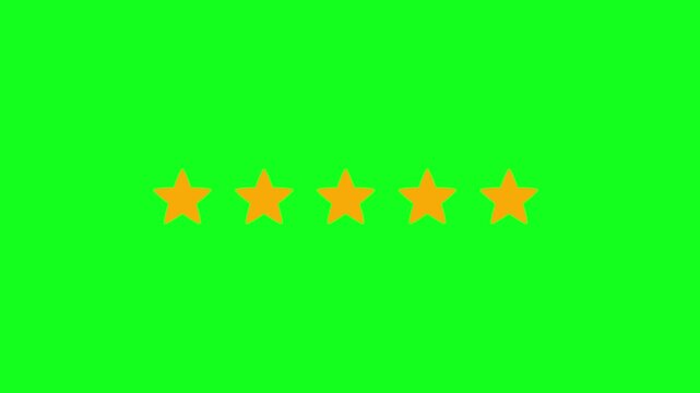Five orange stars arranged in a horizontal row with the final star on the right side glowing and radiating light on a solid green background