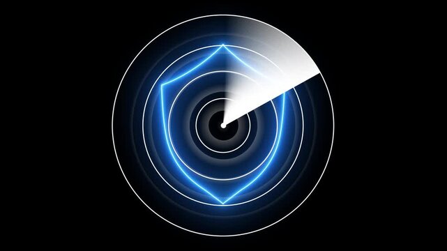 Digital padlock or shield safety security icon on radar screen. Radar concept. Digital realistic radar with targets on monitor in searching. digital grid and scanning beam. 4k