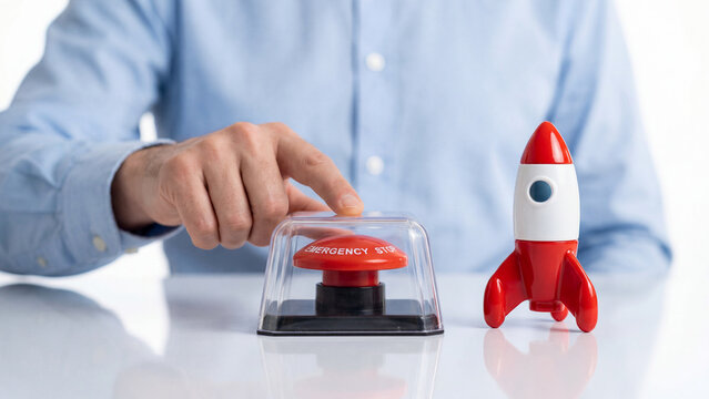 Businessman reaching for an emergency stop button next to a rocket toy to abort a business startup project