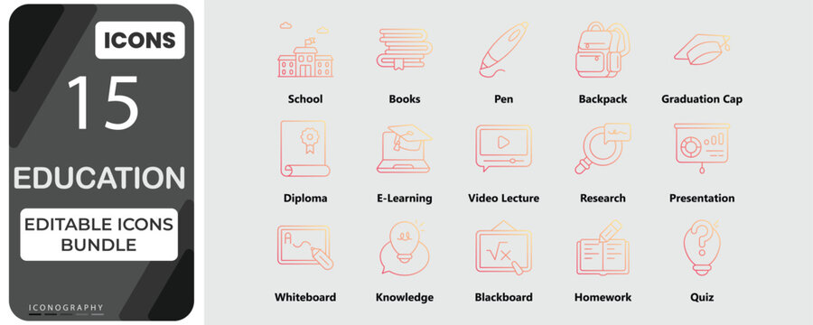 Education Icons Bundle &ndash; School, Learning and Academic Flat Vector Set