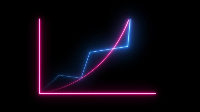 Glowing neon line graph showing a pink exponential curve and a blue segmented line on a black background representing financial growth and data