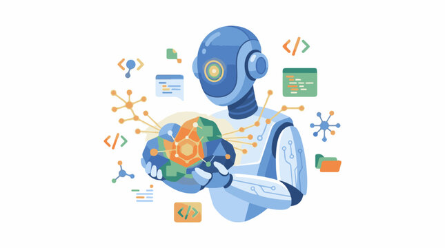 A blue robot holds a geometric brain with connected nodes and code symbols