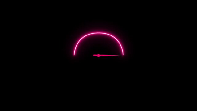 Glowing pink neon speedometer gauge isolated on a black background representing speed performance measurement and digital interface
