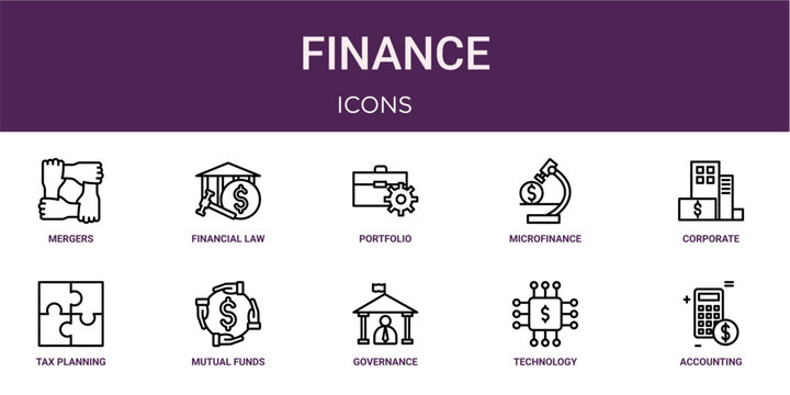 Set of 10 thin line Finance icons for dashboards, websites and mobile app layouts. Editable outline vector pack featuring mergers and acquisitions, portfolio management, corporate banking, mutual