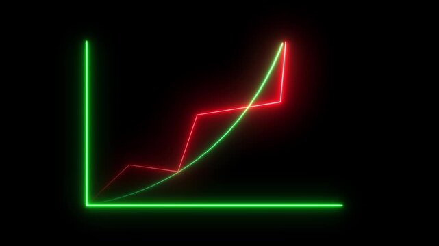 Bright neon green and red line graph illustrating financial market volatility and upward growth trends on a solid black background for data analysis
