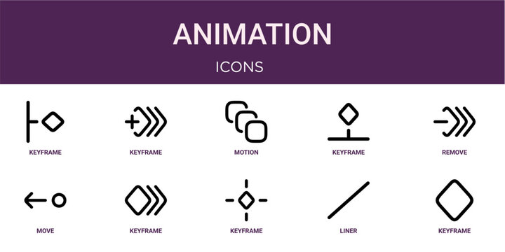 Set of 10 thin line Animation icons for dashboards, websites and mobile app layouts. Editable outline vector pack featuring keyframe, motion, remove, keyframe and keyframe.