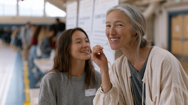 Bone marrow registry drive nurse swabbing the inner cheek of a college-aged volunteer at a folding table inside a campus recreation center, informational trifold panels displayed