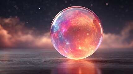 Fototapeta premium Vibrant Iridescent Orb Glowing with Cosmic Nebula Patterns on Textured Surface