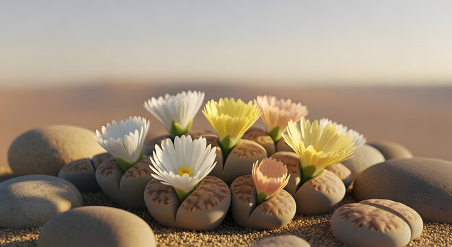 Small colorful lithops succulent plants with blooming flowers