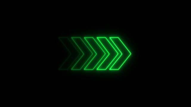 Bright green neon arrow sign pointing to the right side on a solid black background for digital interface navigation and motion