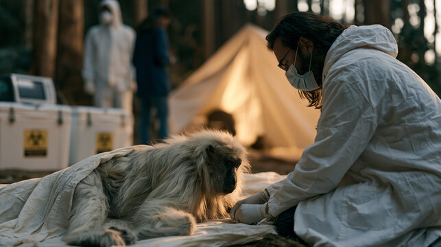 Field veterinarian collects blood samples from a sedated wild primate in a forested encampment, zoonotic disease surveillance team in protective gear nearby, specimen coolers