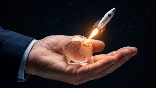 Businessman holding a glass globe with a launching rocket for global business startup concept