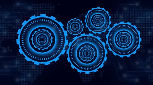 Technology animation interlocks blue neon gears. Modern technology animation frames digital world map backdrops. Industrial technology animation tracks corporate machinery.