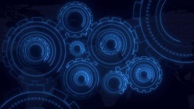 Technology futuristic animation meshes blue machine gear tokens. Connected technology futuristic animation rings world map globes. Industrial technology futuristic animation scales paths.