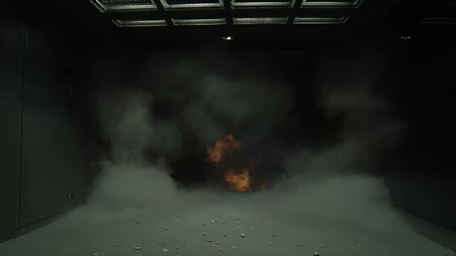 Powerful explosion creating a burst of fire and billowing smoke amidst falling water droplets, suggesting a controlled experiment or simulated hazard in an industrial setting