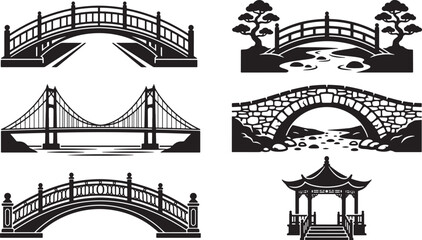 Obraz premium Set of bridge silhouettes including traditional arched structures and modern suspension designs for architectural graphic design projects