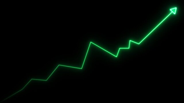 Glowing neon green line graph showing upward trend with arrow pointing to the right corner against a solid black background for data analysis