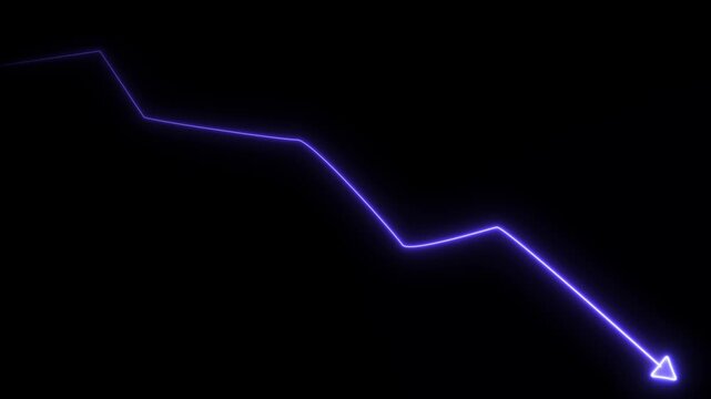 Glowing neon purple line graph showing a downward trend with an arrow pointing to the bottom right corner against a solid black background