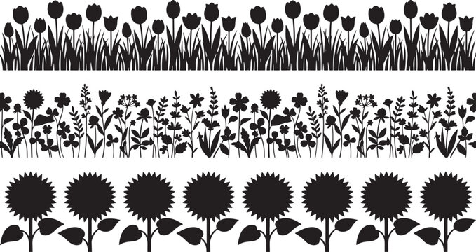 Set of floral border silhouettes featuring tulips wildflowers and sunflowers isolated on white background vector illustration
