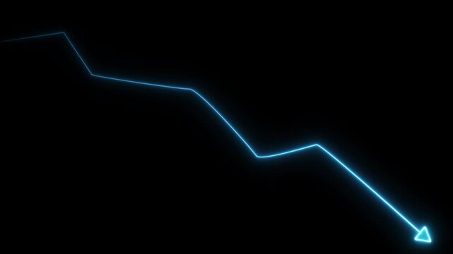 Glowing neon blue line graph illustrating a downward trend with an arrow pointing to the bottom right corner on a solid black background