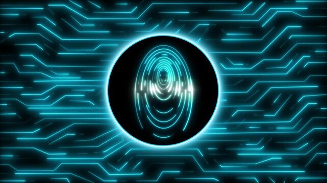 Biometric identification animation scans cyan fingerprint files. Secure biometric identification animation rings circle lines. Privacy biometric identification animation verifies access.