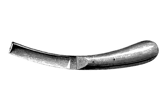 Straight razor with curved blade and detailed handle, vintage engraving, old vintage illustration, 1889.