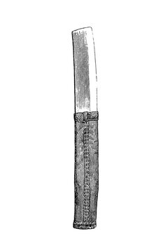 Sharp skin blade with leather sheath, vintage straight razor with textured handle and open blade, old vintage illustration, 1889.