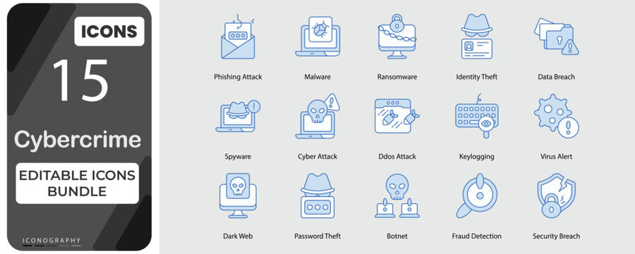 Cyber crime and Cybersecurity Threat Vector Icons Collection