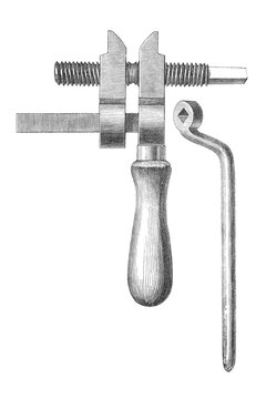 Expansion screw for horseshoes, with wooden handle and adjacent crank, old vintage illustration, 1889.