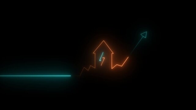 Cyan and orange neon glowing line of a house with a lightning bolt symbol and an upward trending arrow graph on a black background