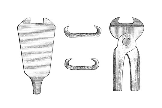 Farriery tools: clamps, bent clamps, and insertion pliers, old vintage illustration, 1889.